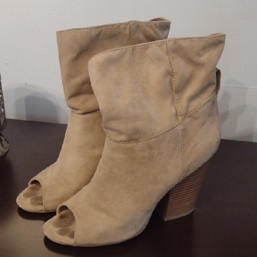 Tan Peep-Toe Ankle Boots